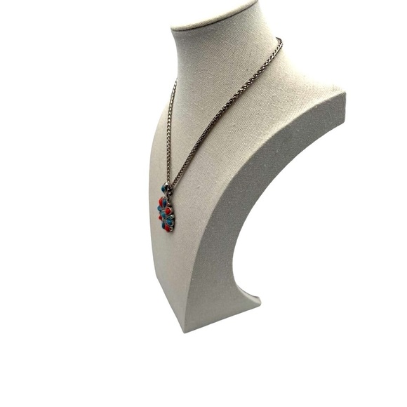 Vintage Southwest Faux Turquoise & Coral Pendant Necklace Silver Tone Chain - Picture 4 of 6